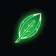 Poster - Bright green neon sign in the shape of a leaf is glowing on a black background