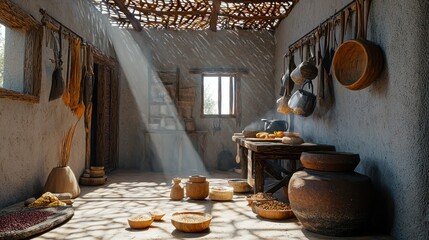 Poster - Sunlit rustic kitchen interior with earthenware, utensils, and wooden furniture.