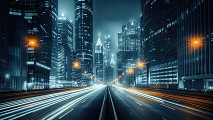 Aufkleber - A night modern city with abstract light trails.