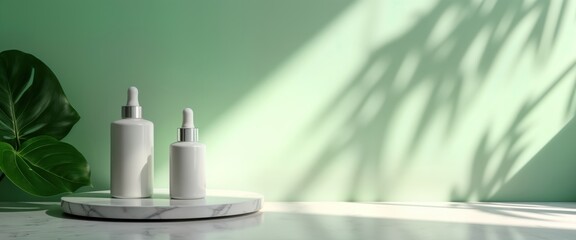 Poster - Empty white marble countertop displays two cosmetic bottles with dropper tops. Natural light casts soft shadows of leaves on pastel green wall. Modern, minimalist style promotes organic, eco-friendly