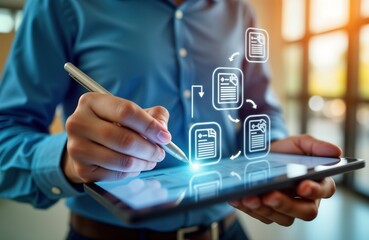 Aufkleber - Businessman uses electronic pen to mark approval on virtual document. Online approval process for quality assurance, ERP management. Paperless system in action. Check, approve concept visualized on