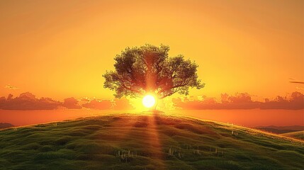 Poster - Morning sun is about to rise over a grass hill with a lonely tree up to the orange sky.