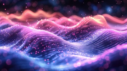 Leinwandbilder - An abstract visualization of big data, glowing waves of neon particles in shades of pink and purple flowing across a deep blue digital landscape, resembling an ocean of information.