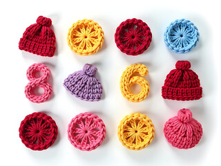 Aufkleber - Number Eight And Nine Crocheted Knitted Colorful Items Isolated On A Clean White Background Display. 00001