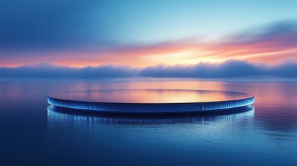 Canvas Print - Futuristic circular platform floating on calm water at sunset.