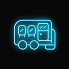 Poster - Blue neon sign depicting a bus, glowing on a black background
