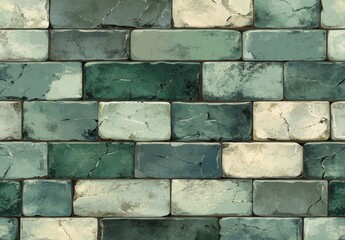 Poster - Textured Green and Beige Brick Wall Design Featuring a Combination of Flat, Rectangular Stones for Modern Interior or Exterior Applications