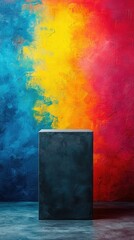 Wall Mural - A dark pedestal stands against a vibrant, colorful backdrop of blue, yellow, and red hues.