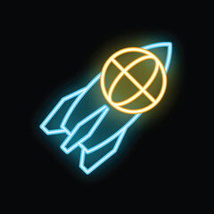 Canvas Print - Neon rocket flying around the world icon illustration with black background