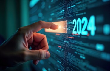 Aufkleber - Hand touches screen changing year from 2023 to 2024. New year tech concept. Countdown to new year, merry christmas. Start new projects. New life begins. Happy new year concept. Digital interface.