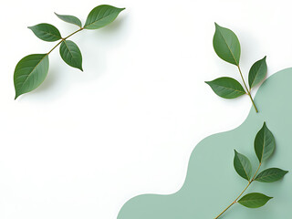 Aufkleber - Minimalist Design Features Green Leaves On A Wavy White Background With Copy Space Available For Text Overlay On A Card. 00001