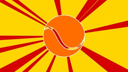 Poster - Tennis ball on the background of animation from moving rays of the sun. Large orange symbol increases slightly. Seamless looped 4k animation on yellow background