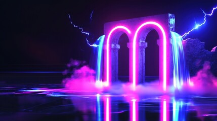 Wall Mural - A futuristic neon landscape featuring towering glowing arches in radiant pink and blue hues, surrounded by swirling mist and dynamic light trails, creating a surreal and immersive design. 