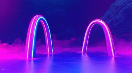 Wall Mural - A futuristic neon landscape featuring towering glowing arches in radiant pink and blue hues, surrounded by swirling mist and dynamic light trails, creating a surreal and immersive design. 