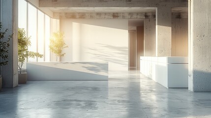 Poster - A minimalist white kitchen, in an apartment with concrete floors and raw plaster walls. The space features industrial elements.