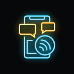 Poster - Neon glowing icon of a smartphone sending and receiving wireless data with speech bubbles