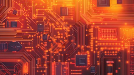 Poster - Electronic circuit board showing data flowing and processing with orange light