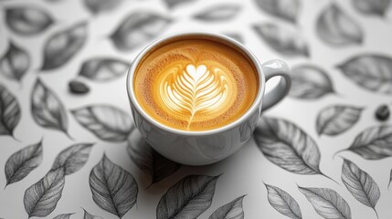 Latte art in a white cup on a leaf-patterned surface.