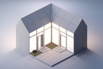 Poster - Minimalist house design, illuminated interior with small garden, modern architecture.