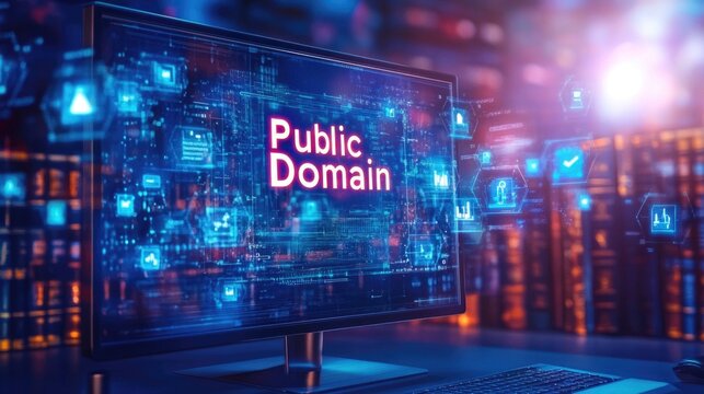 Digital technology concept with public domain text on computer screen