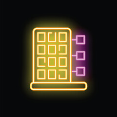 Poster - Neon glowing icon of a smart building management system analyzing data in real time