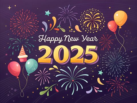 Happy new year 2025 typography greeting card, poster, banner with celebration elements. 
