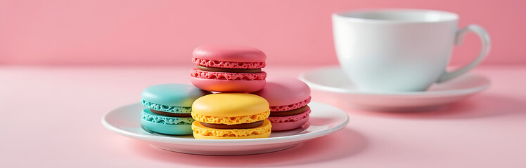 Poster - Macaroons In Vibrant Colors Sit Atop A White Plate, Paired With Tea And Coffee On A Blurred Pink Background Created By Ai. 00002