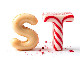 Poster - Macaron Sweets S And T Made From Biscuit And Candy Cane Ingredients Isolated On A Clean White Background. 00001