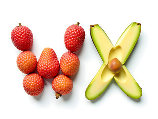Poster - Lychee And Avocado Isolated Letters W And X Made From Fruit On A White Background In Perfect Isolation. 00001