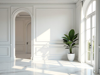 Poster - Luxury Interior Room With Simple White Marble Design Features A Sunny Window For A Bright And Airy Atmosphere. 00001