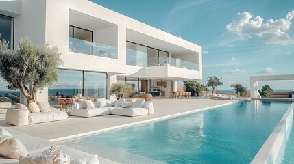Poster - Modern and minimalist white villa, swimming pool, modern.