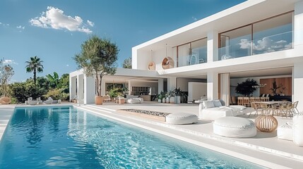 Wall Mural - Modern and minimalist white villa, swimming pool, modern.