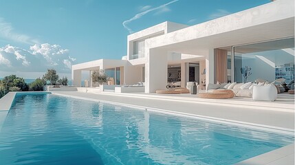 Poster - Modern and minimalist white villa, swimming pool, modern.
