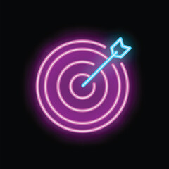 Poster - Glowing neon target with an arrow hitting the center on a black background