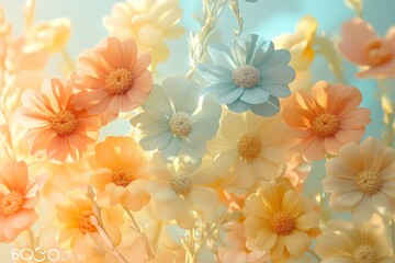 Poster - A dreamy array of pastel flowers shining under soft light, featuring diverse blossoms in calming hues of peach, blue, and yellow, creating a serene and lush ambiance.