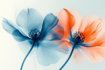 Aufkleber - This image showcases a captivating duo of translucent flowers, bathed in ethereal blue and orange hues, creating a stunning, dreamy visual effect.