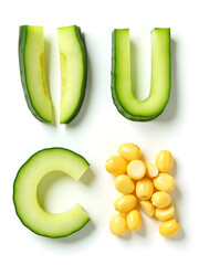Poster - Letters Made From Cucumber Slices And Corn Kernels Isolated On A White Background For Easy Identification And Comparison. 00003