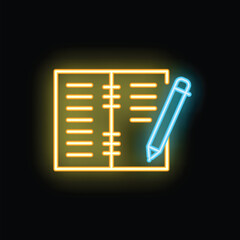Poster - Bright neon icon of an open notebook with a pen resting on top, glowing against a dark background