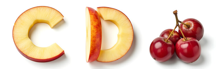 Poster - Letters C And D Made Of Apple Slices And Grapes Isolated On A Clean White Background For Illustration. 00002