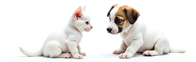 Aufkleber - Kitten And Puppy Isolated On A White Background In A Simple Black And White Graphic Design. 00001