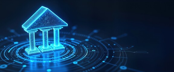 Aufkleber - Glowing digital bank icon on dark blue backdrop. Abstract tech design. Empty space for mock-up. Modern online banking concept. Futuristic illustration. Ideal for presentations. Clean, creative