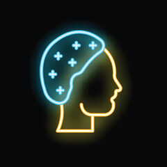 Poster - Neon glowing icon of a human head with brain, visualizing positive thoughts, ideas, solutions, and mental health