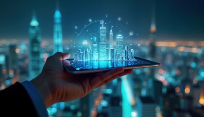 Aufkleber - Person holds tablet displaying futuristic smart city design. Digital cityscape shows intelligent buildings, holographic IoT network. Urban tech concept illustrates global connectivity. Person