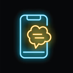 Poster - Neon sign showing a smartphone with a speech bubble containing a new message notification