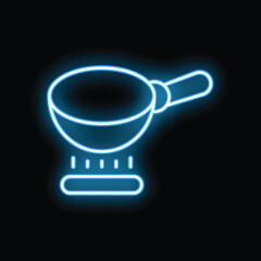 Poster - Bright blue neon frying pan is heating on a stove top