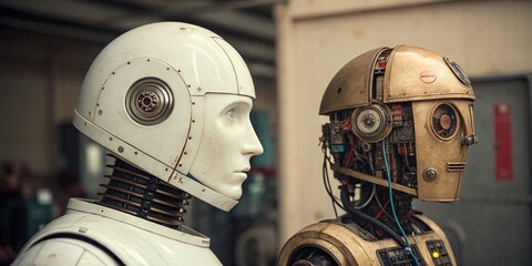 Poster - Vintage Robot Head: Dual-Part Design, Exposed Mechanics & White Shell