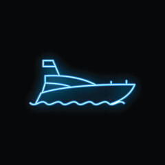 Wall Mural - Blue neon illustration of a yacht sailing on water at night