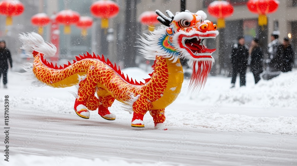 The energetic dragon dance performance on a city street during Chinese ...