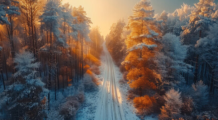 Poster - Top view, autumn scenery, the woods on both sides of the forest road are covered with a thin layer of frost and look a little white, the golden sun shines on the earth.