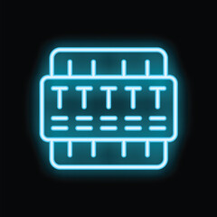 Poster - Blue neon icon of a computer server rack glowing on black background, ideal for technology related designs